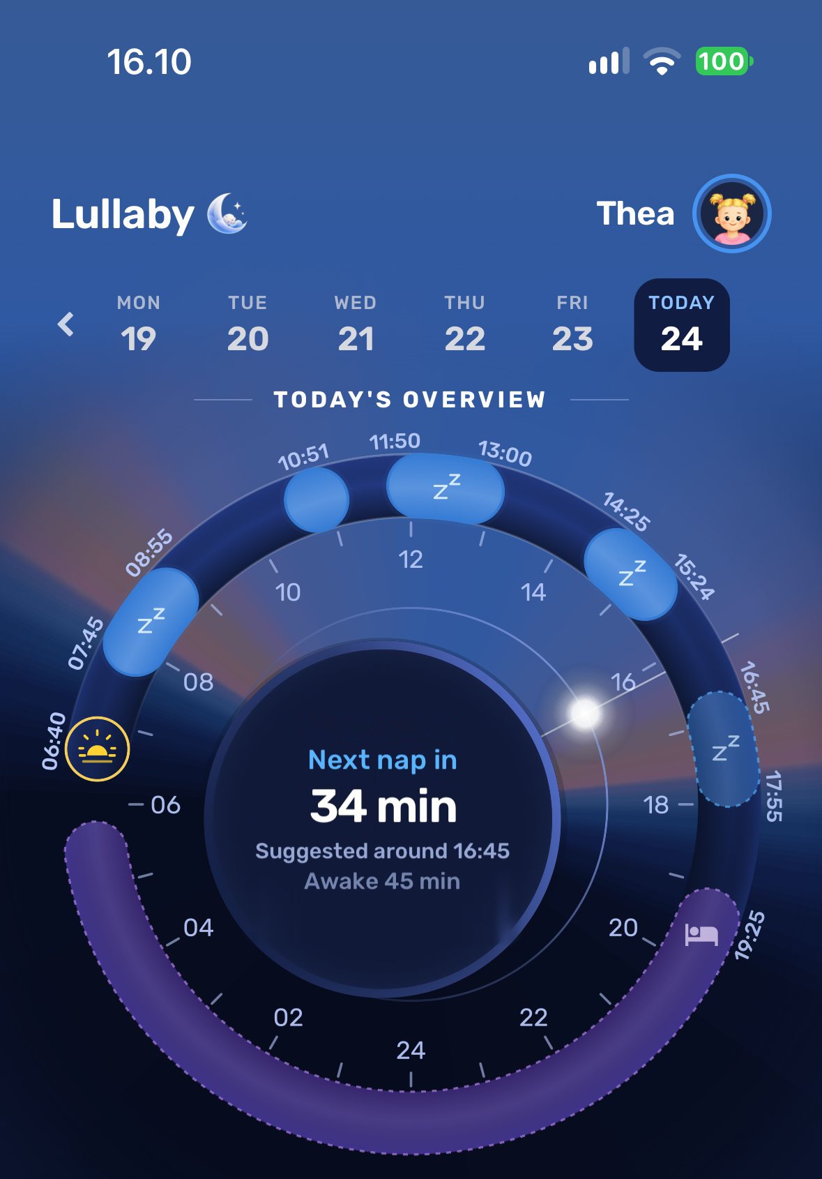 Lullaby's home screen: the 24-hour dial with the day's naps, and in the middle “Next nap in 34 min, suggested around 16:45, awake 45 min”.