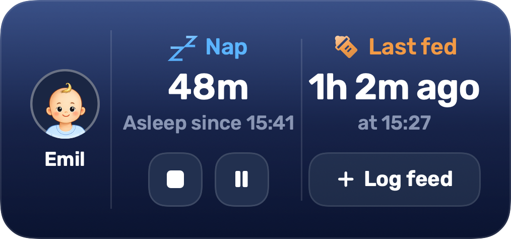 Lullaby's medium widget: a nap running for 48 minutes with stop and pause, and the last feed.