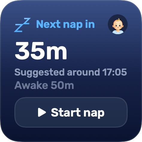 Lullaby's small widget: next nap in 35 minutes, with a button to start it.